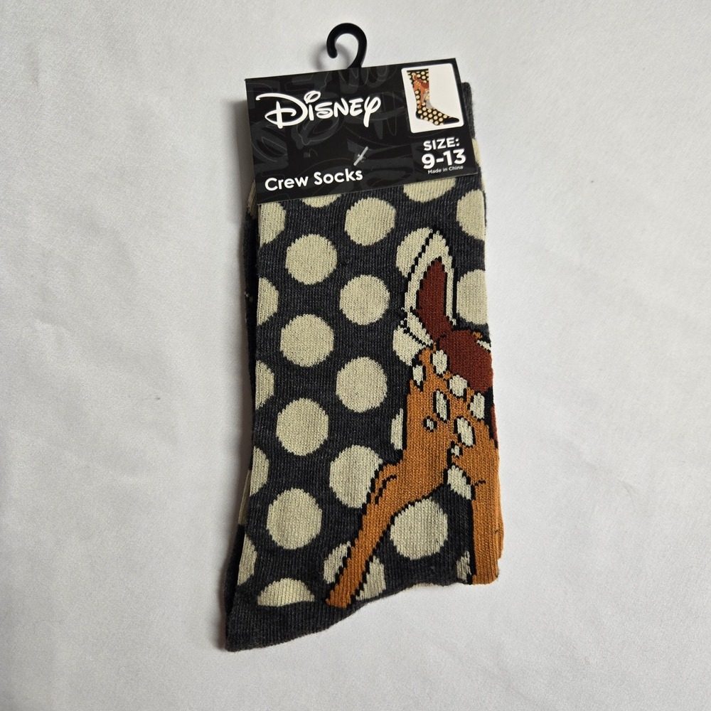 Disney Bambi Thumper Polka Dot Crew Socks Mens Size 9-13 Charcoal Grey New